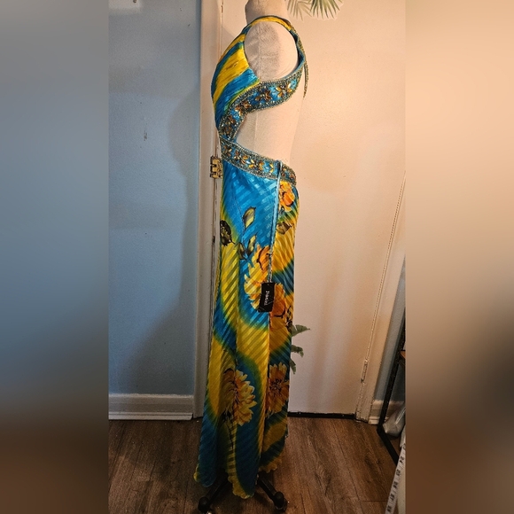 Elegant One Shoulder Blue and Yellow Dress - Picture 10 of 10